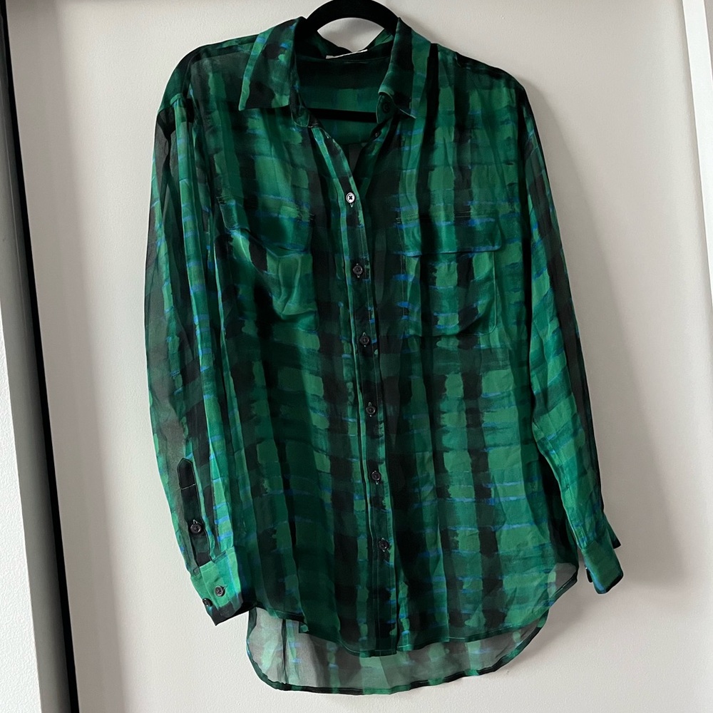 Equipment Silk Blend Button Down Blouse, Sheer Green Blue Black Pattern, Size S